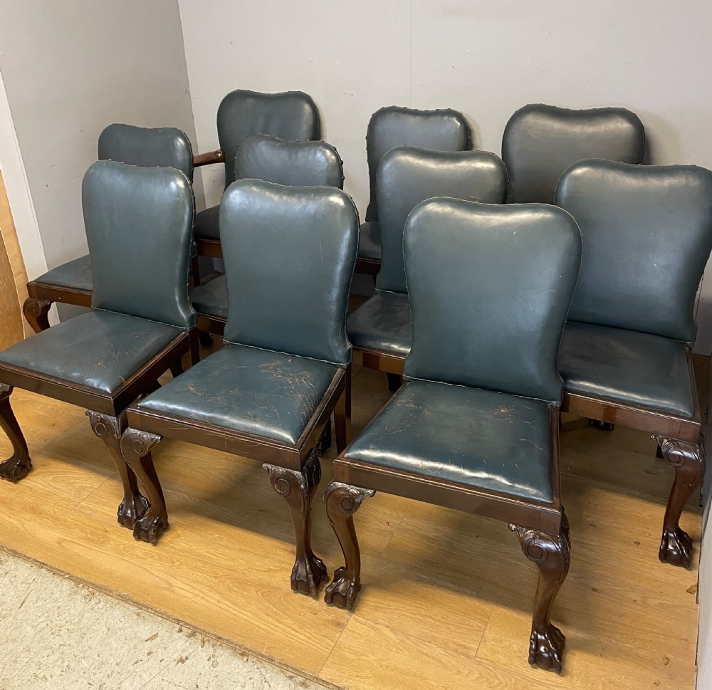 Set of 10 Edwardian mahogany framed dining chairs in blue leather on carved cabriole legs  View VII