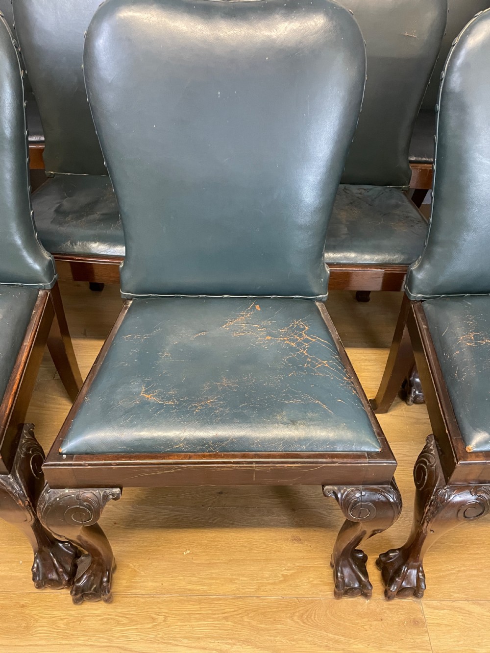 Set of 10 Edwardian mahogany framed dining chairs in blue leather on carved cabriole legs  View VIII