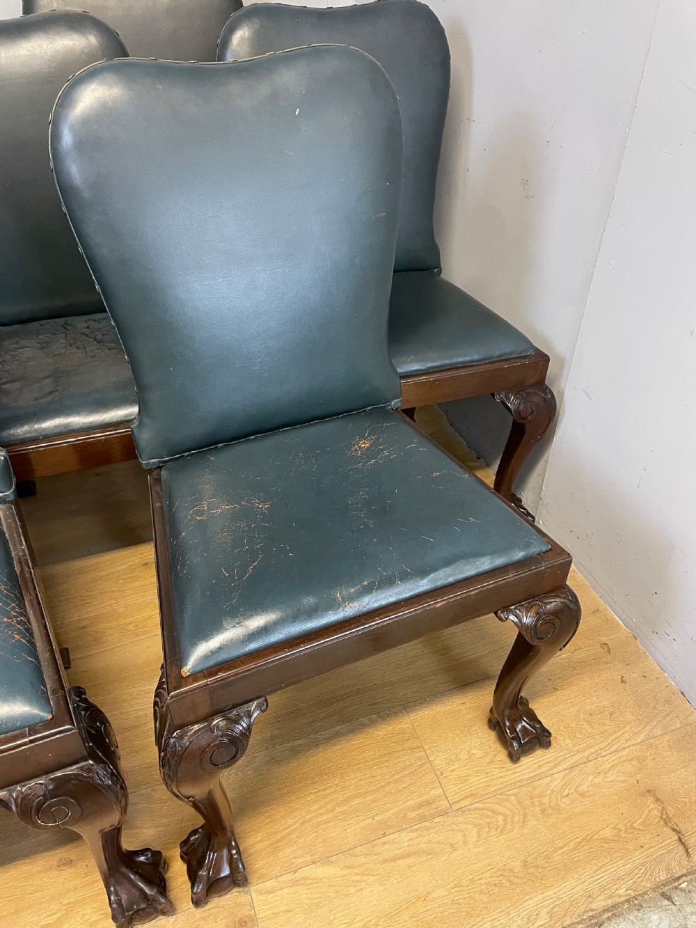 Set of 10 Edwardian mahogany framed dining chairs in blue leather on carved cabriole legs  View IX