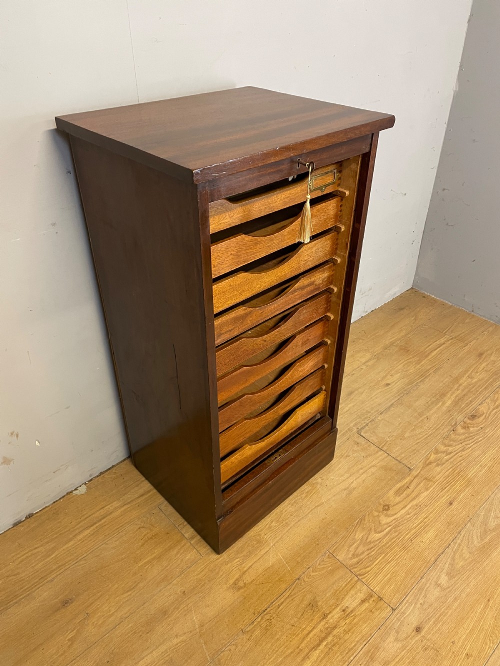Edwardian mahogany tambour fronted filing drawers  View II