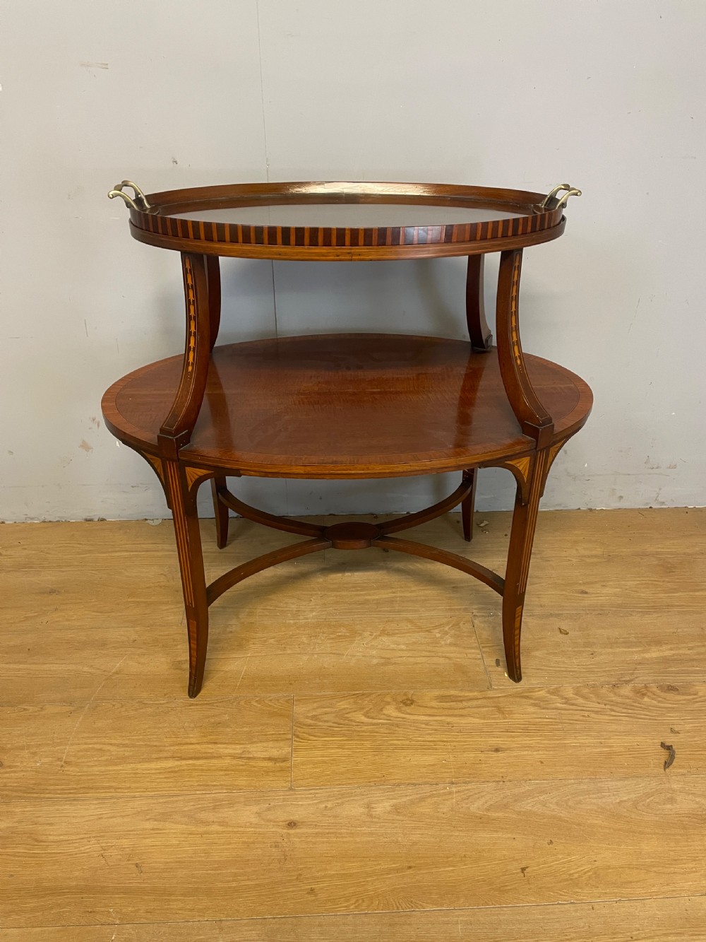 Edwardian inlaid mahogany two tier etagere