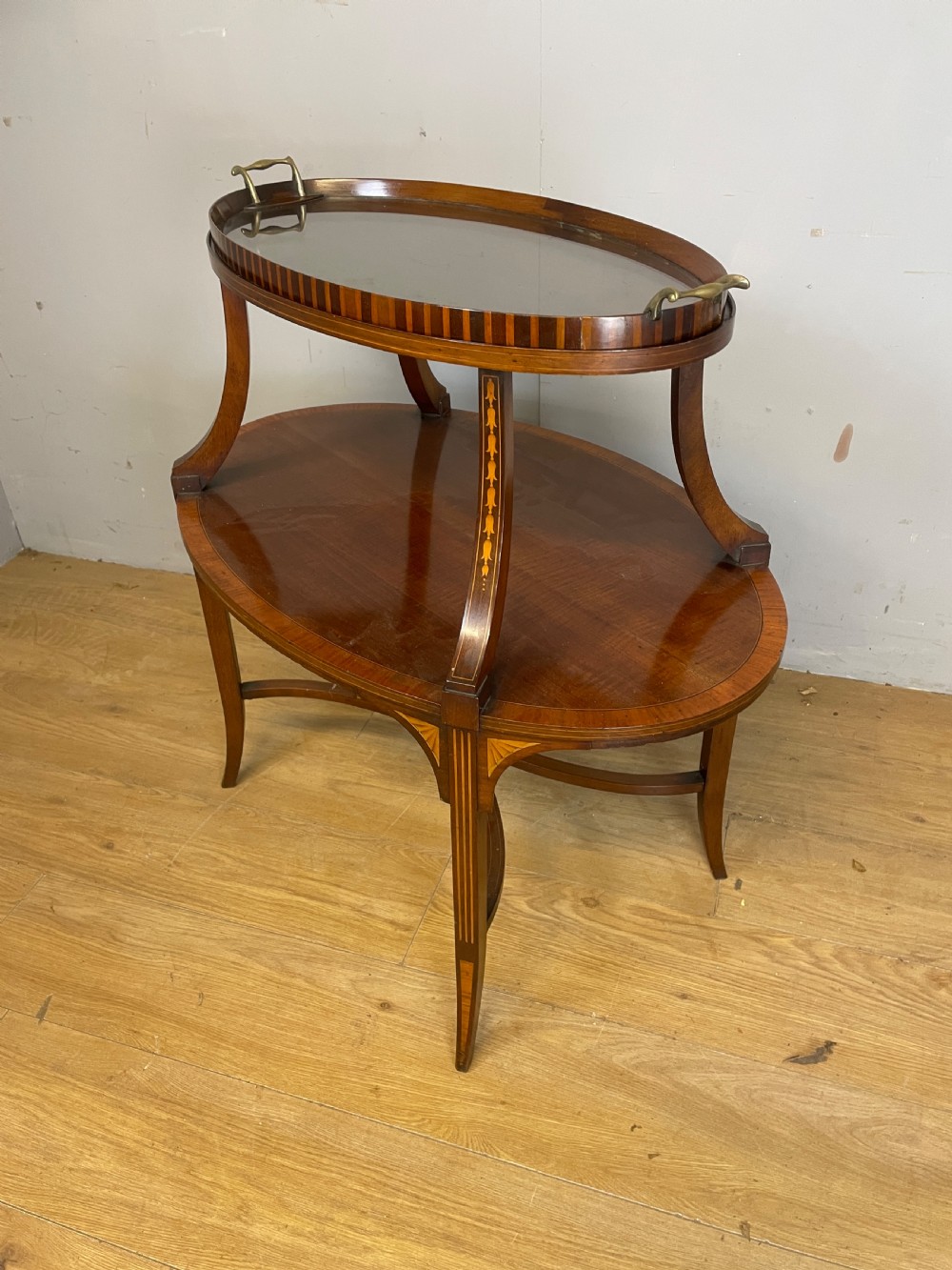 Edwardian inlaid mahogany two tier etagere View II
