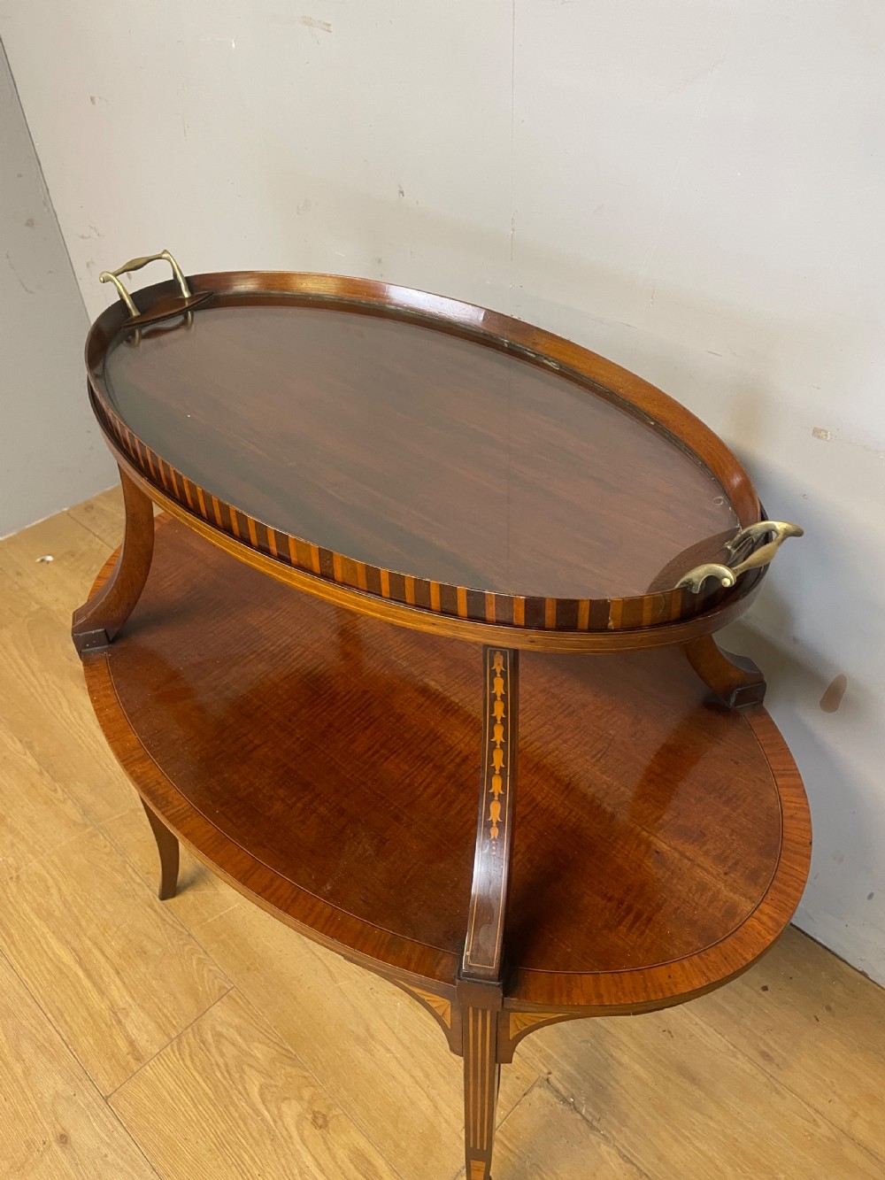 Edwardian inlaid mahogany two tier etagere View IV