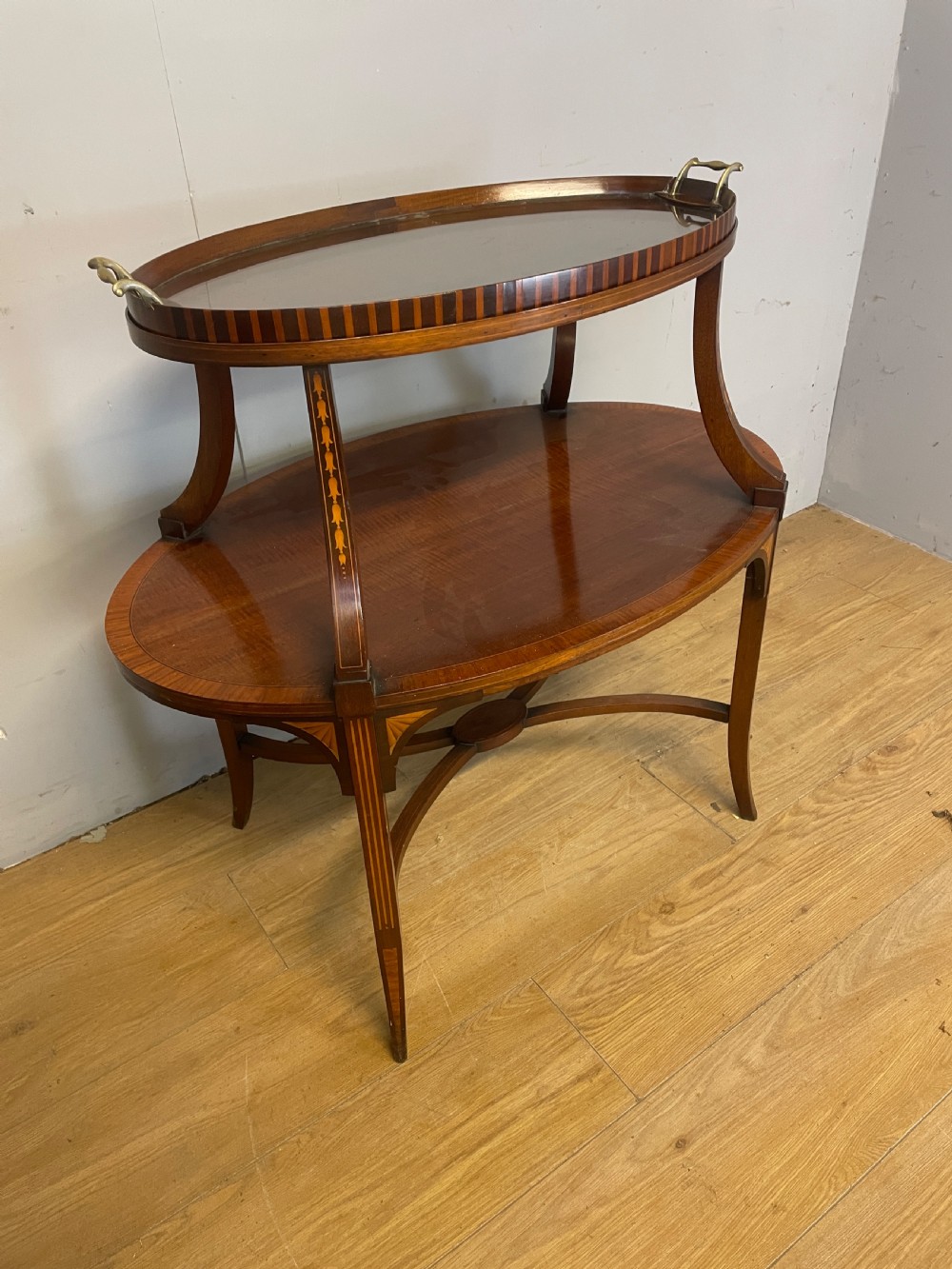 Edwardian inlaid mahogany two tier etagere View V
