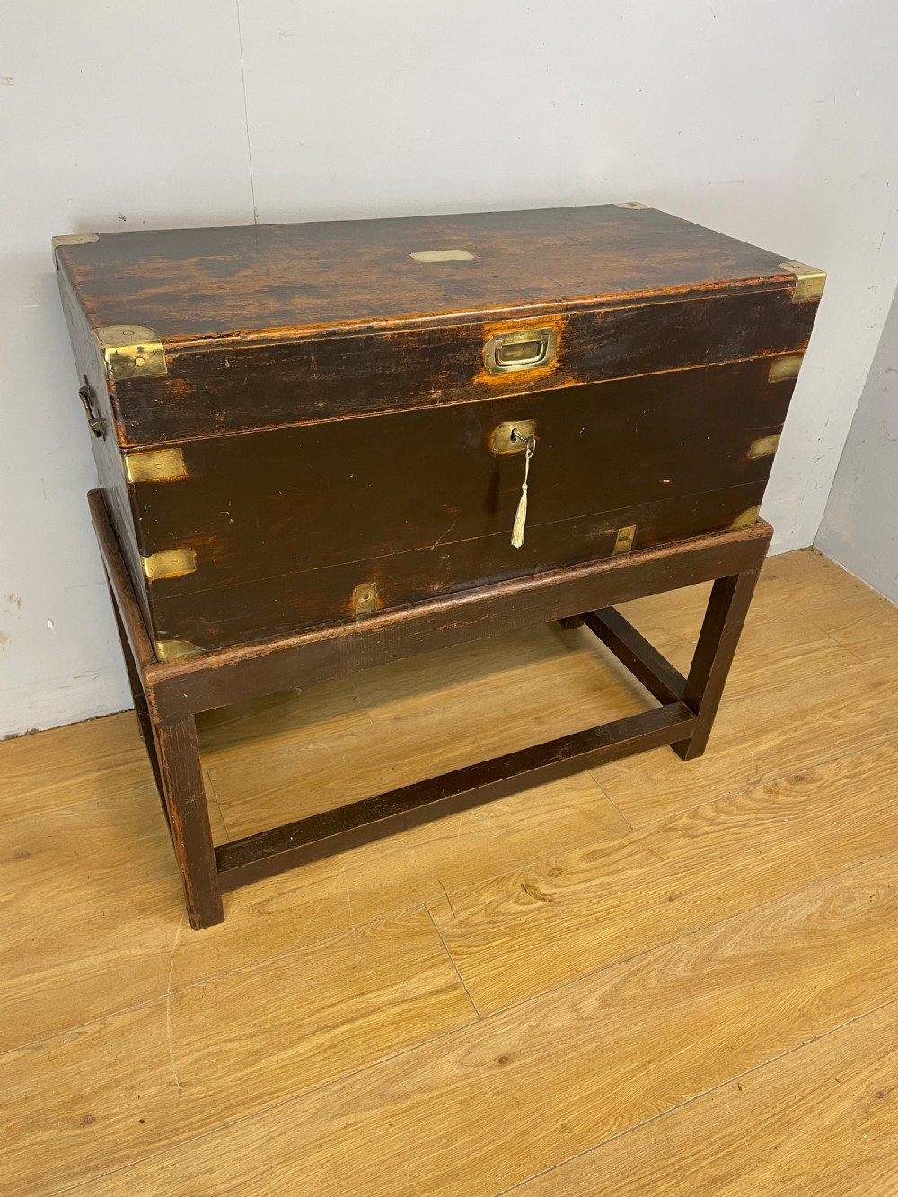 C19TH brass bound camphorwood box on stand 