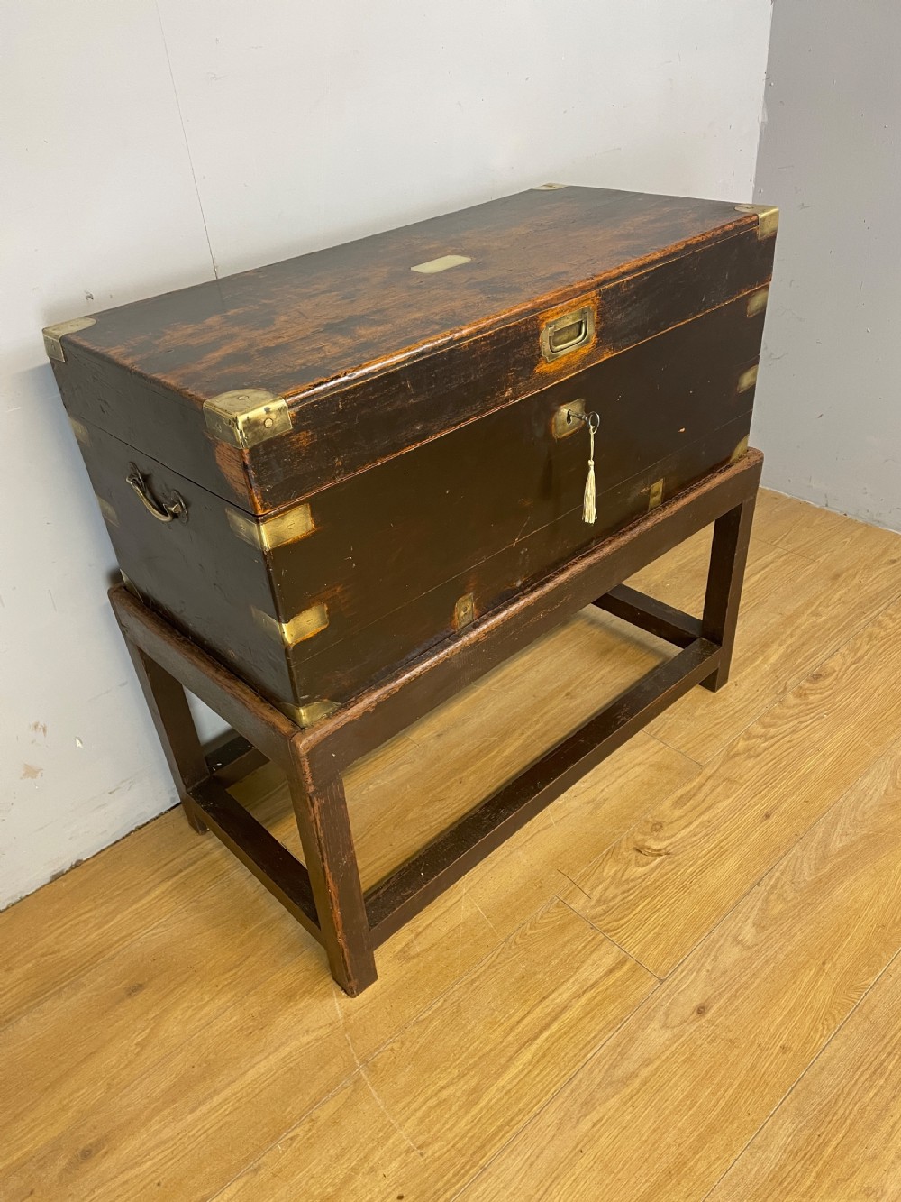 C19TH brass bound camphorwood box on stand  View II