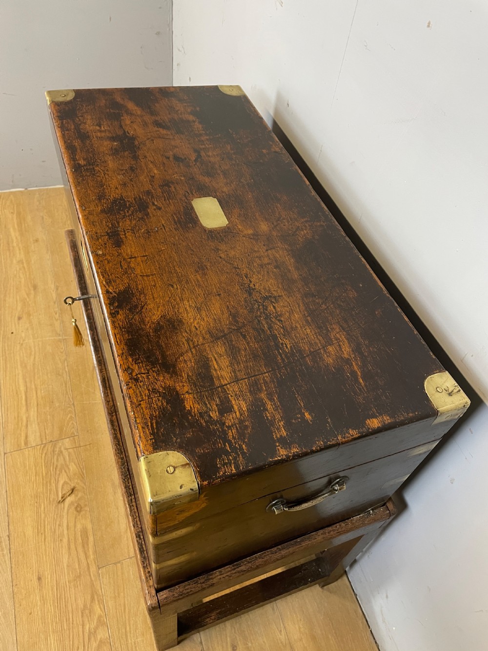 C19TH brass bound camphorwood box on stand  View III