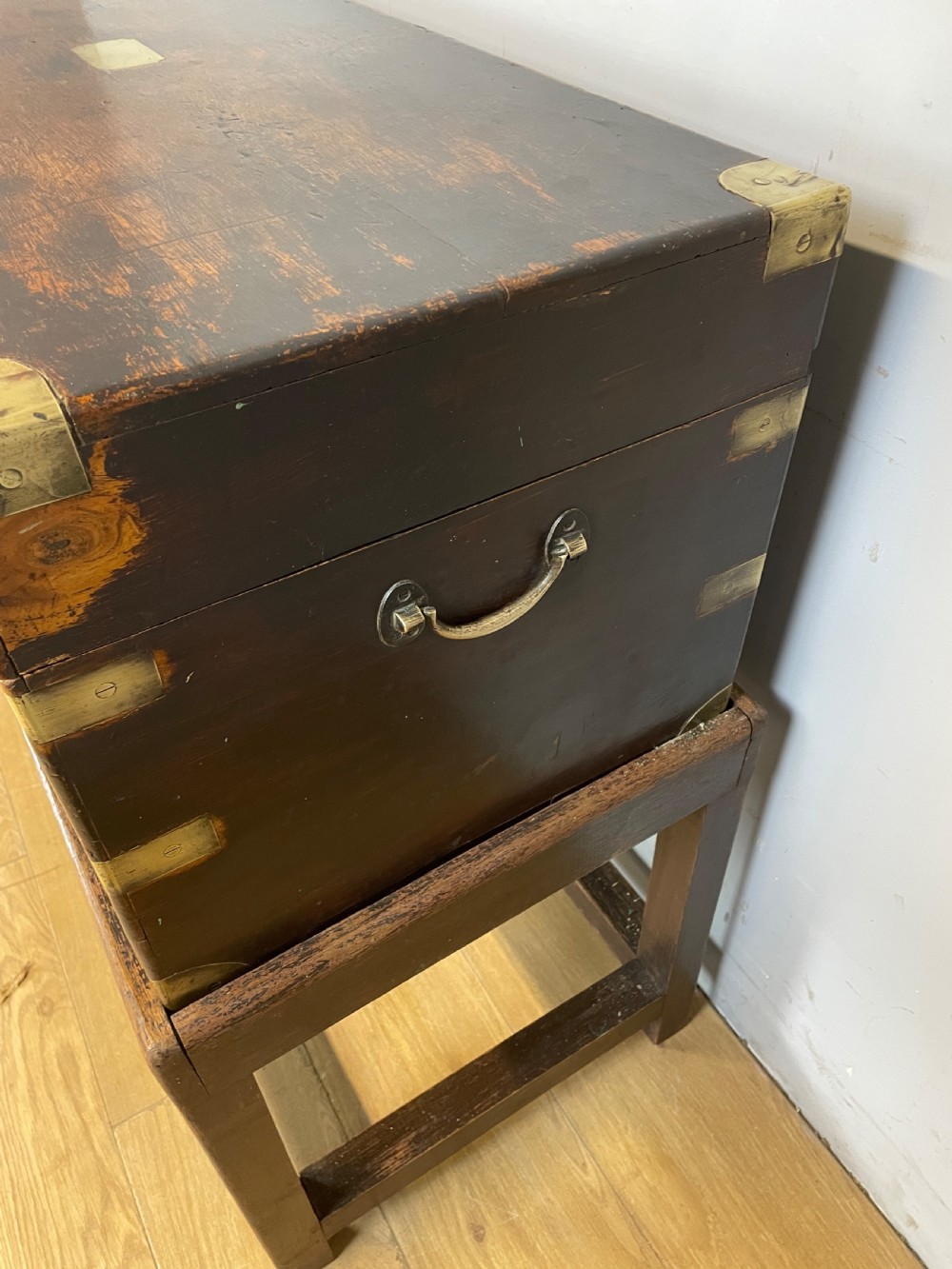C19TH brass bound camphorwood box on stand  View V