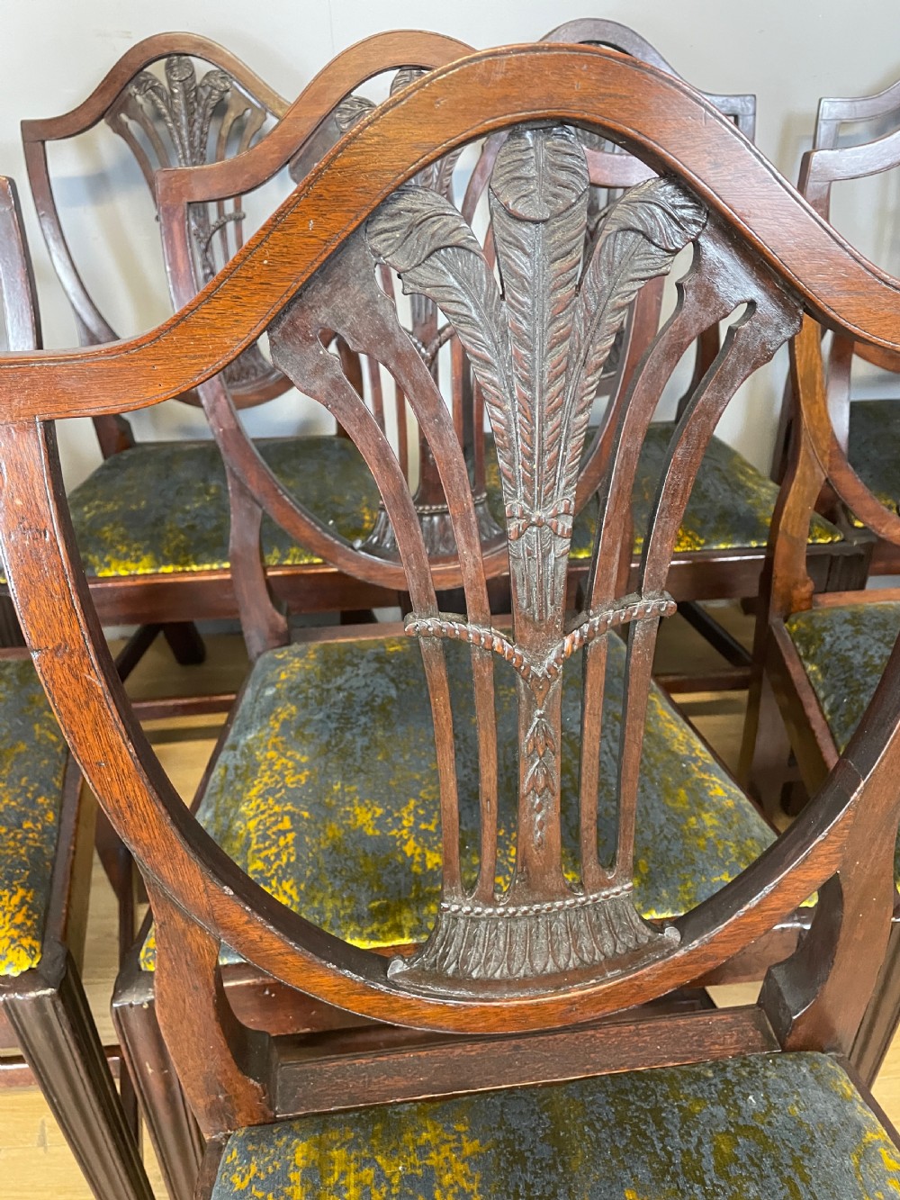 Set of eight Georgian mahogany shield back dining chairs including two armchairs with carved splats and patterned upholstered seats. View VII