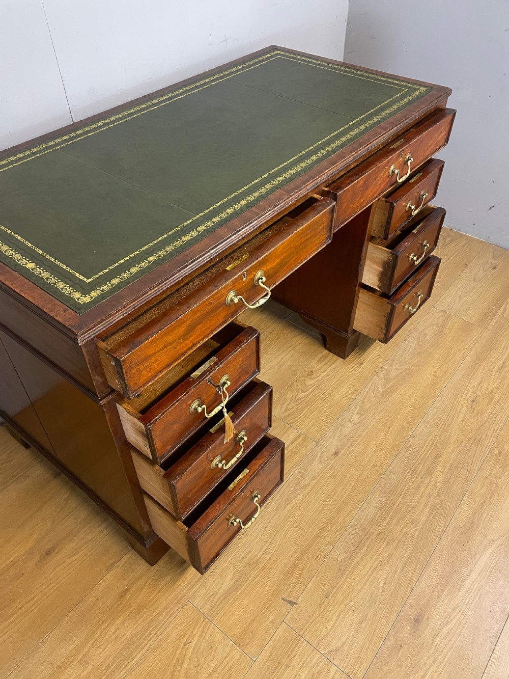 C19TH three part mahogany desk with inset leather top  View X