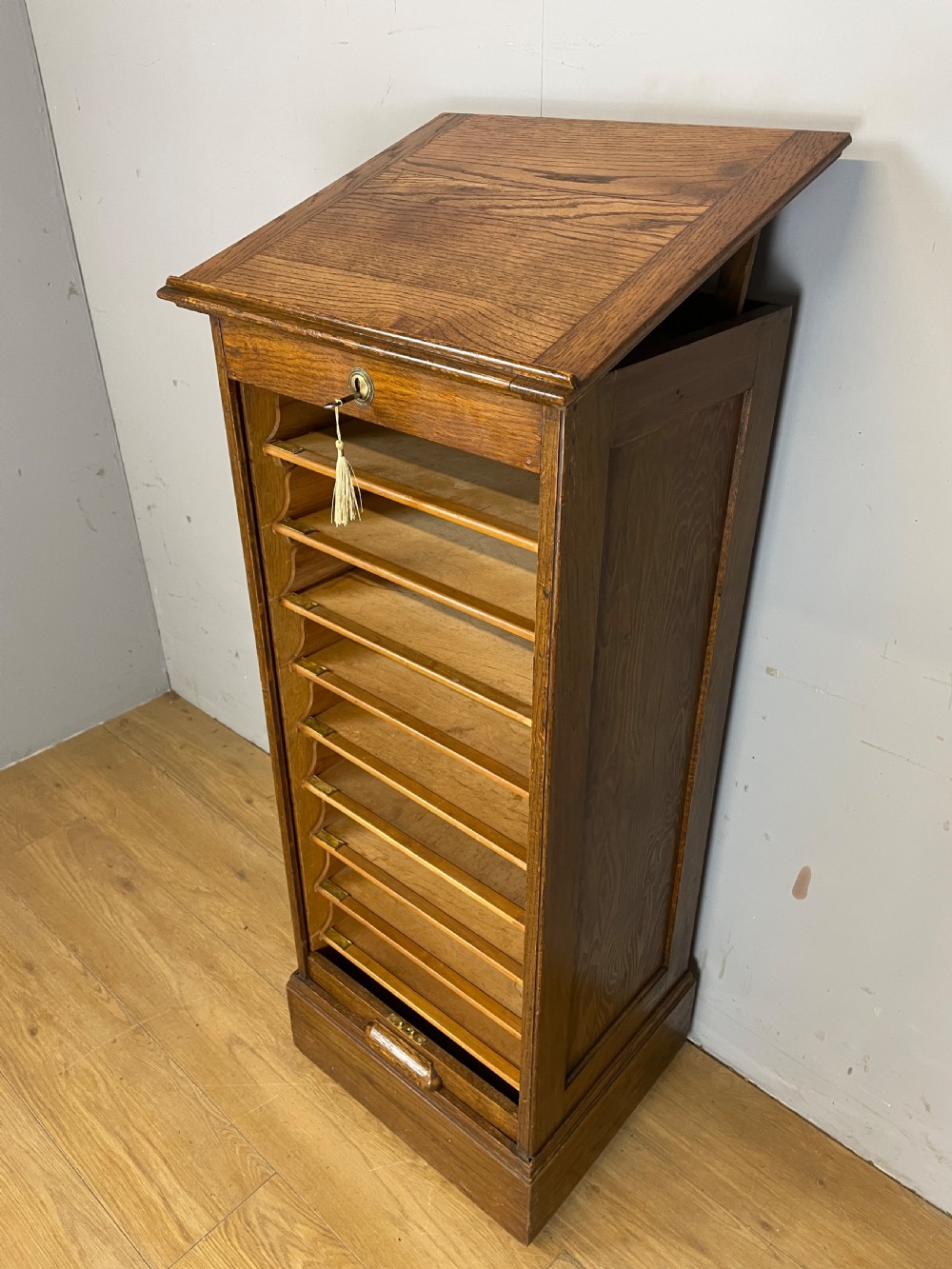 Oak tambour fronted filing drawers circa 1920  View II