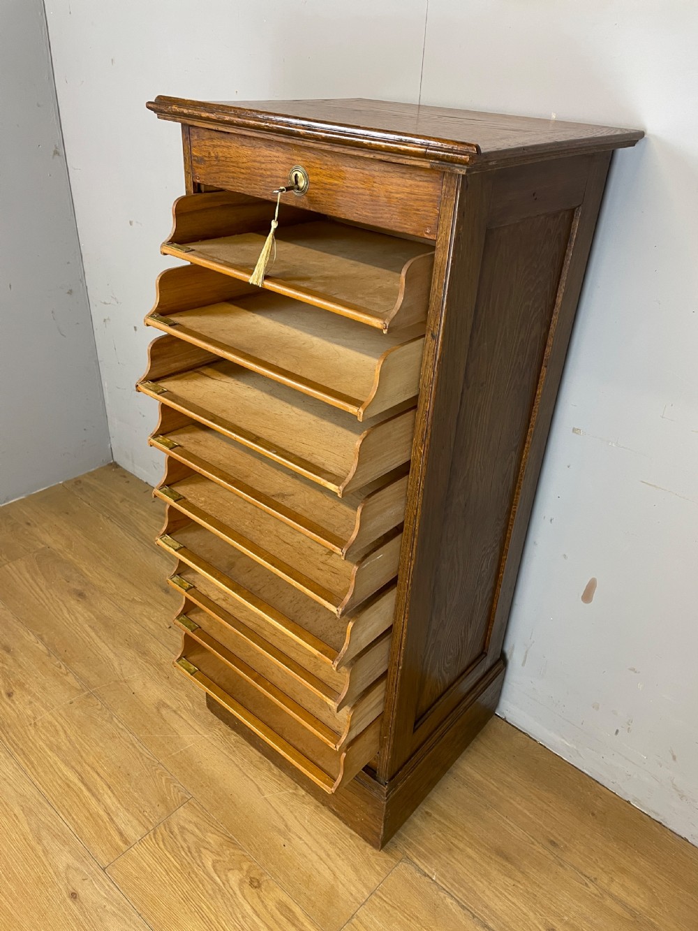 Oak tambour fronted filing drawers circa 1920  View VI