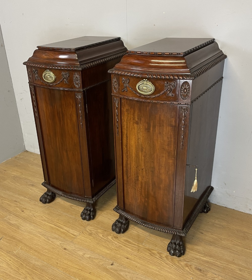Antique pair of C19TH carved flame mahogany lamp pedestal cupboards  View II