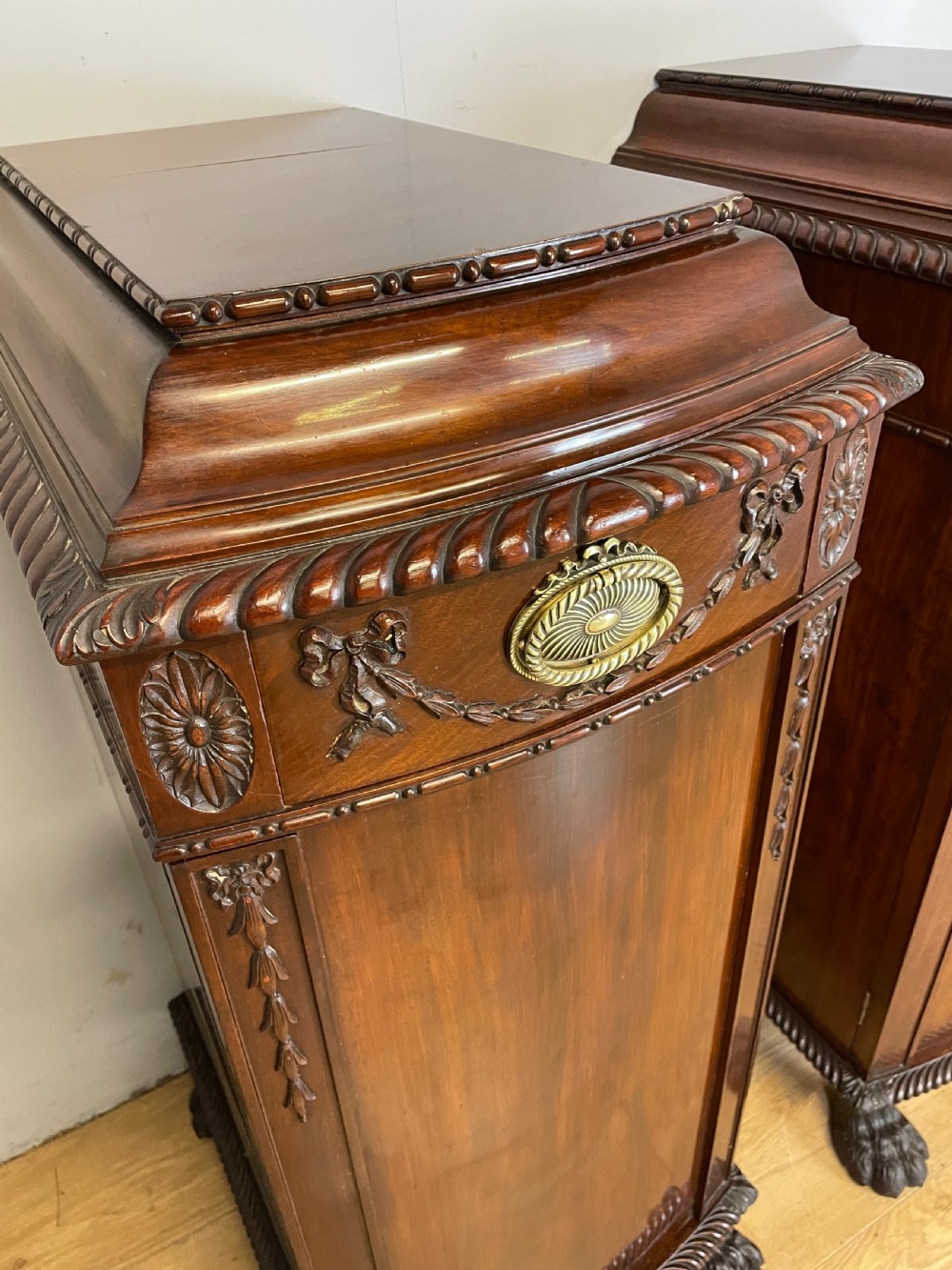 Antique pair of C19TH carved flame mahogany lamp pedestal cupboards  View III