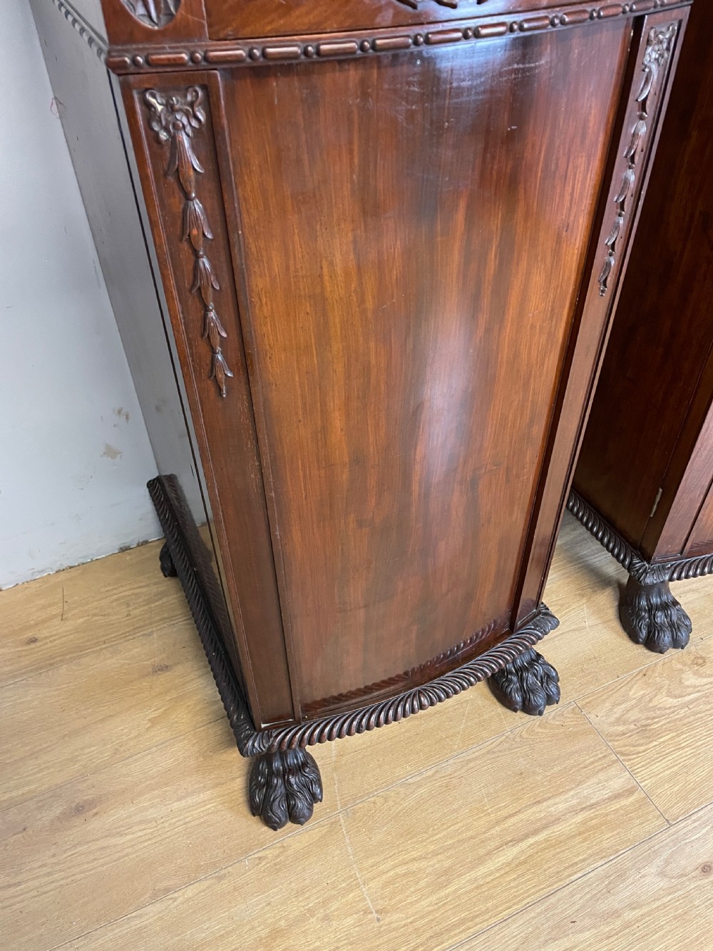 Antique pair of C19TH carved flame mahogany lamp pedestal cupboards  View IV