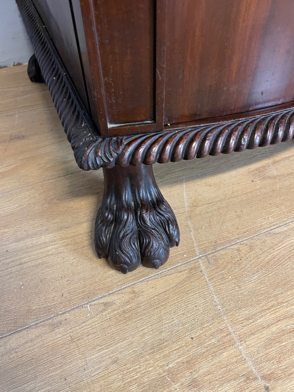 Antique pair of C19TH carved flame mahogany lamp pedestal cupboards  View V