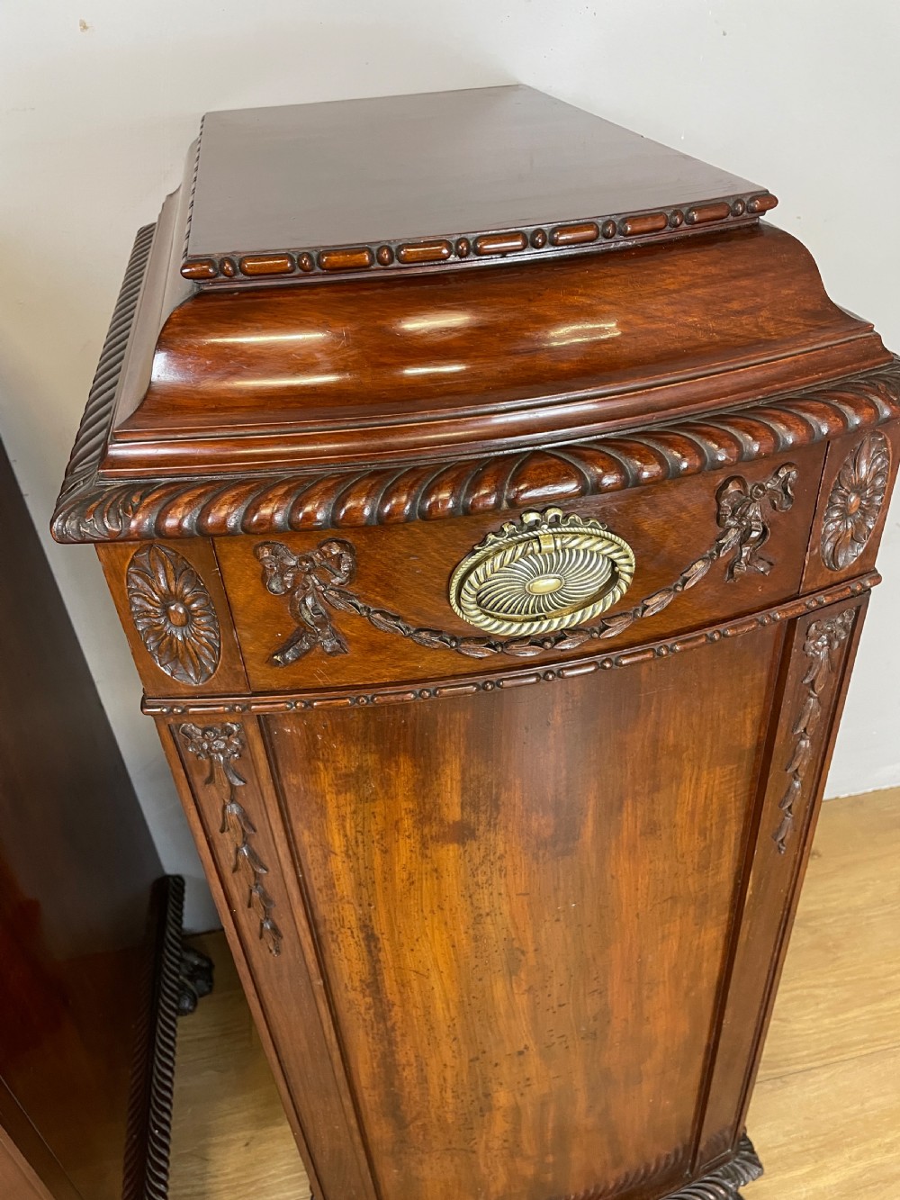 Antique pair of C19TH carved flame mahogany lamp pedestal cupboards  View VI