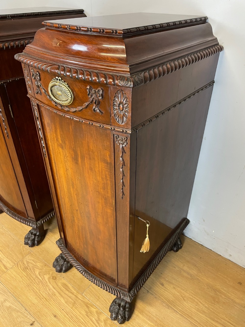Antique pair of C19TH carved flame mahogany lamp pedestal cupboards  View VII