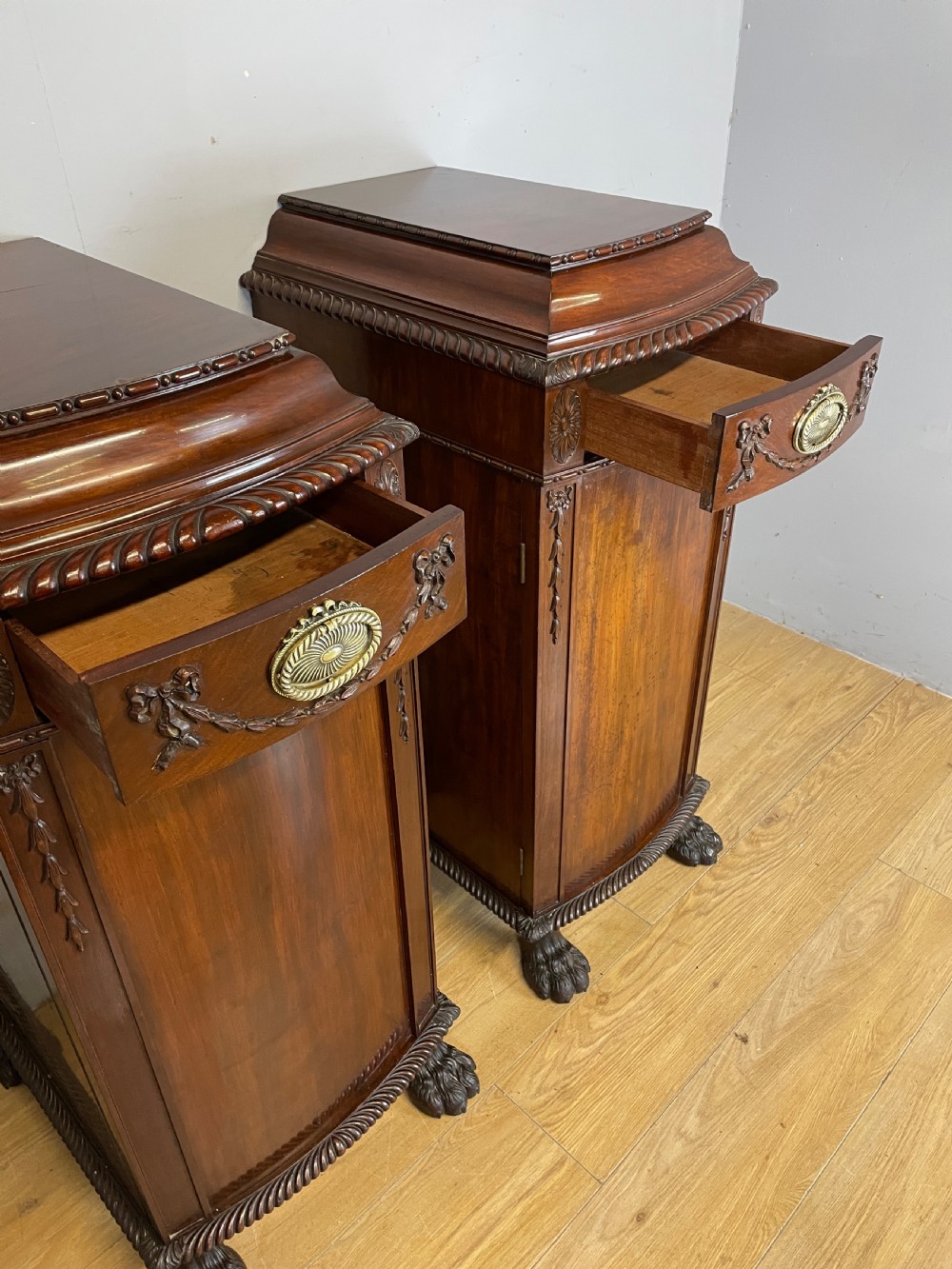 Antique pair of C19TH carved flame mahogany lamp pedestal cupboards  View VIII