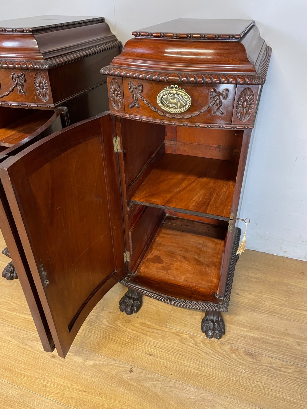 Antique pair of C19TH carved flame mahogany lamp pedestal cupboards  View X
