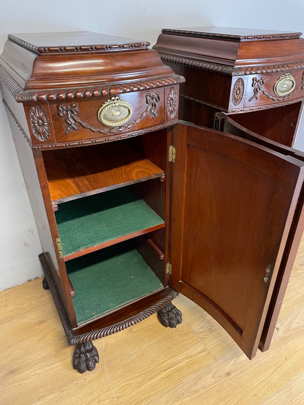 Antique pair of C19TH carved flame mahogany lamp pedestal cupboards  View XI