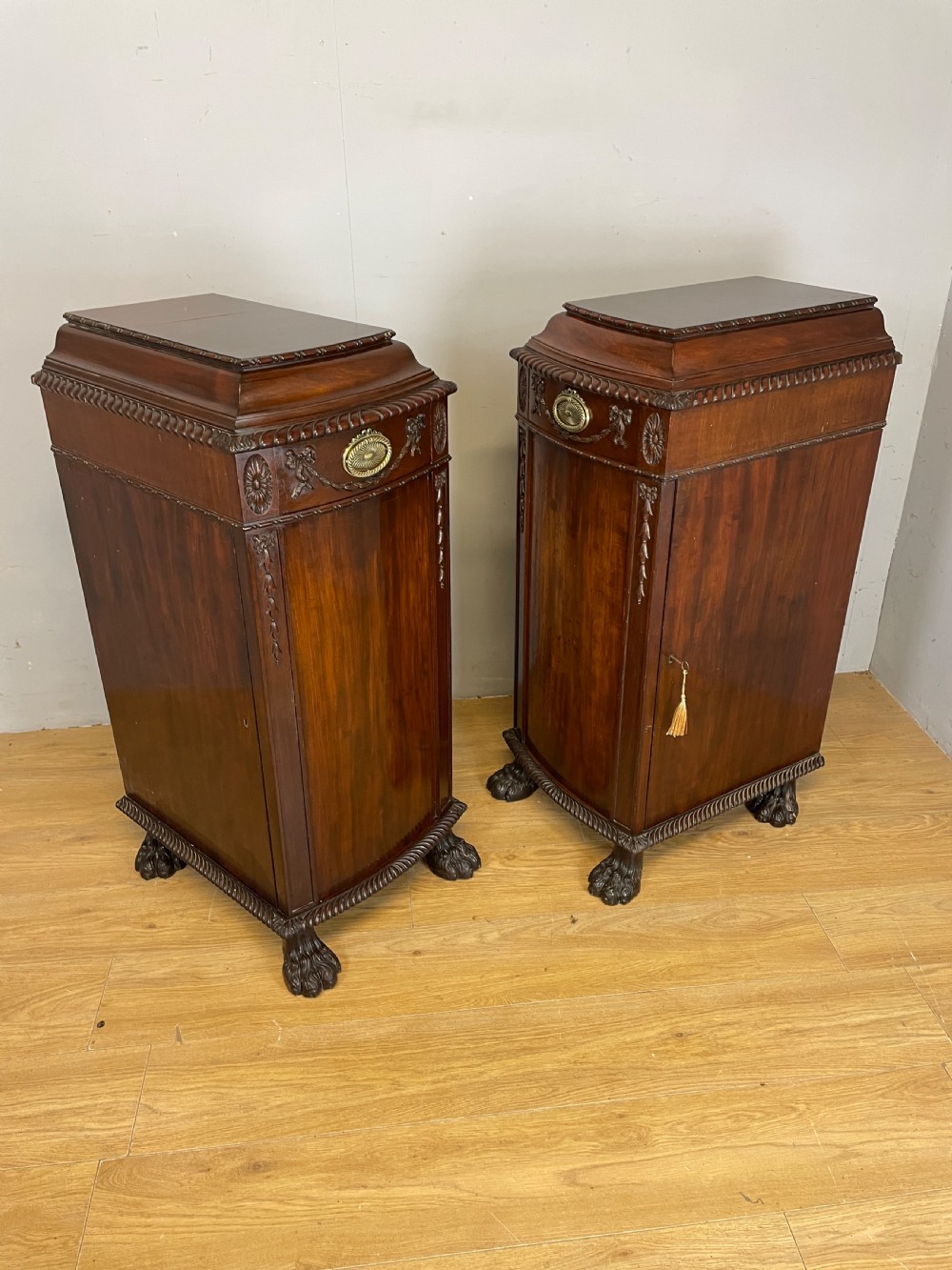 Antique pair of C19TH carved flame mahogany lamp pedestal cupboards  View XII