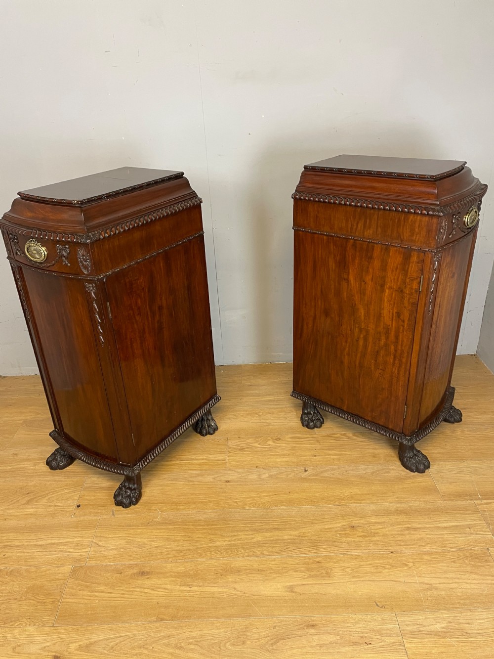 Antique pair of C19TH carved flame mahogany lamp pedestal cupboards  View XIII