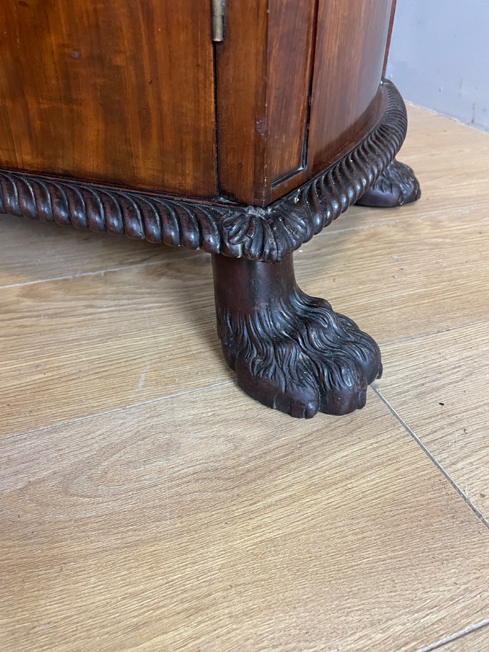 Antique pair of C19TH carved flame mahogany lamp pedestal cupboards  View XIV