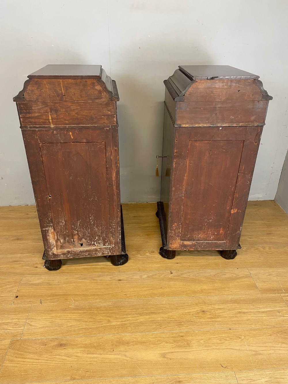 Antique pair of C19TH carved flame mahogany lamp pedestal cupboards  View XV