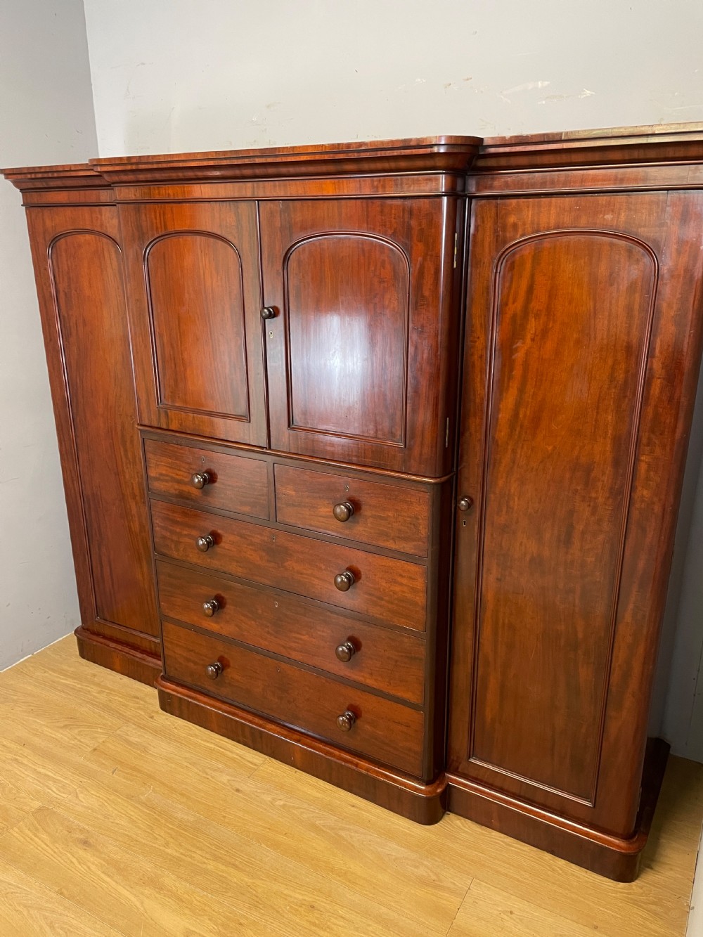 C19TH Country House flame mahogany breakfront wardrobe  View II