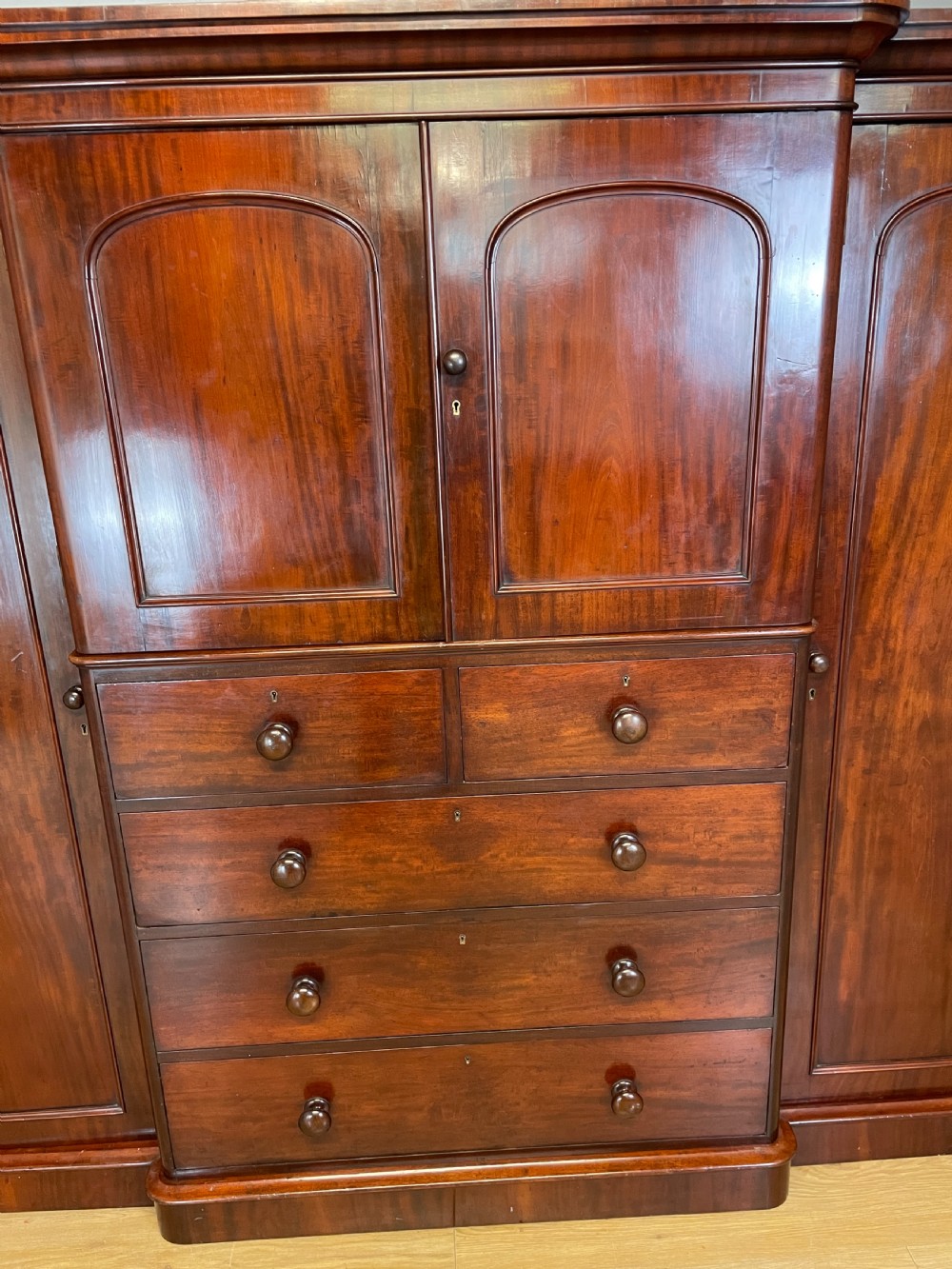 C19TH Country House flame mahogany breakfront wardrobe  View IV