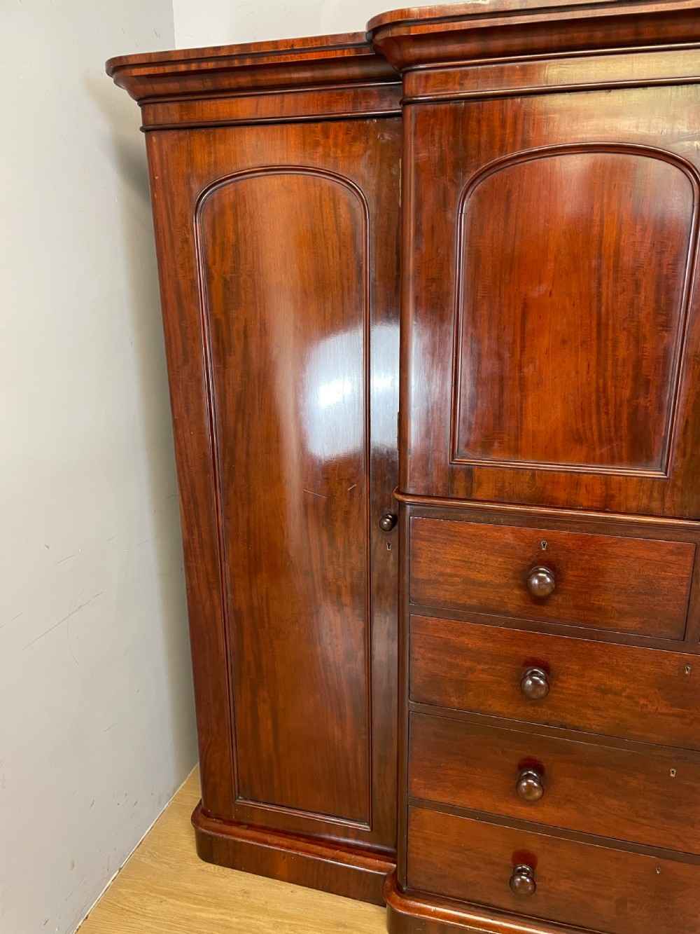 C19TH Country House flame mahogany breakfront wardrobe  View V