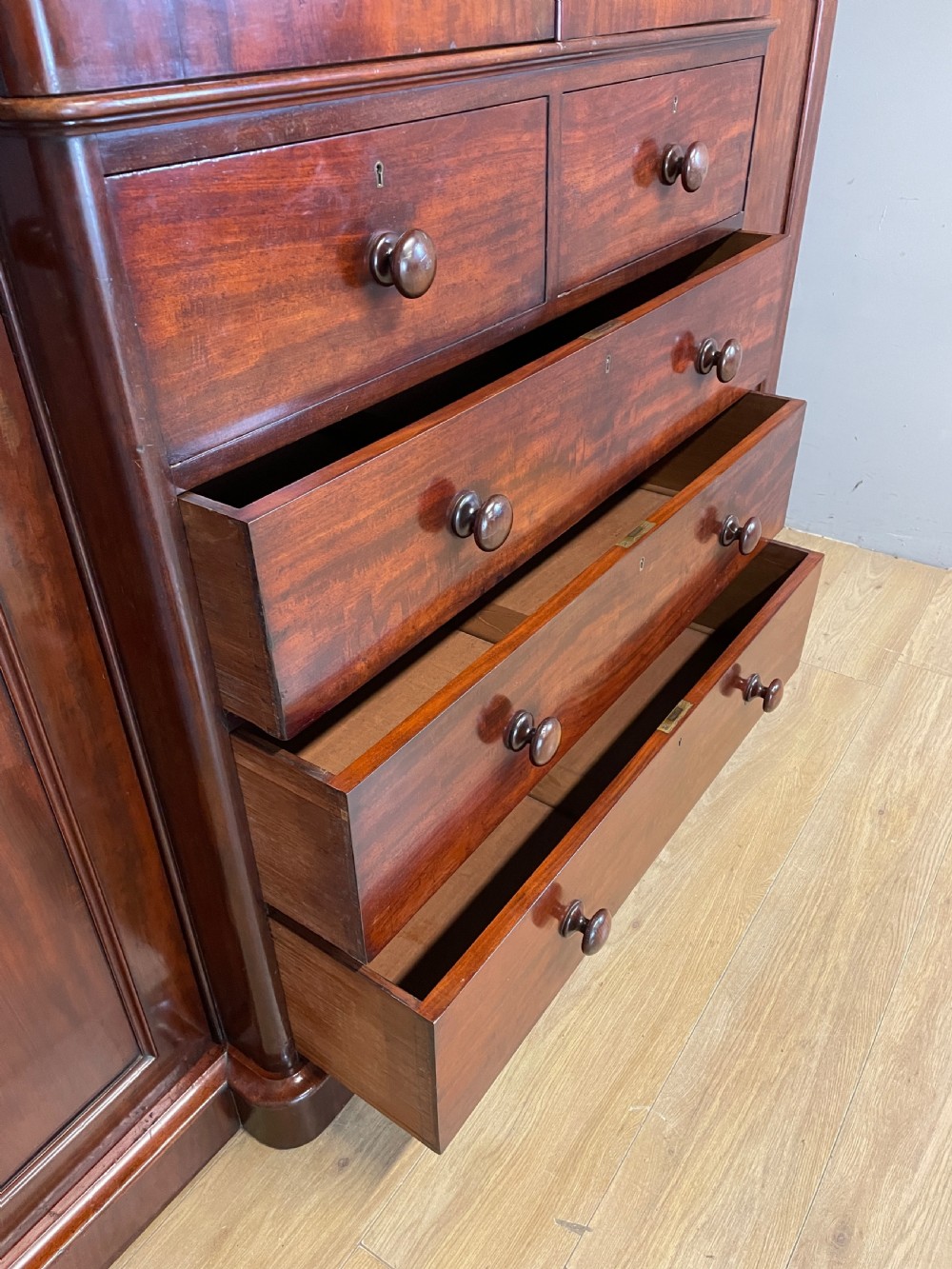 C19TH Country House flame mahogany breakfront wardrobe  View IX