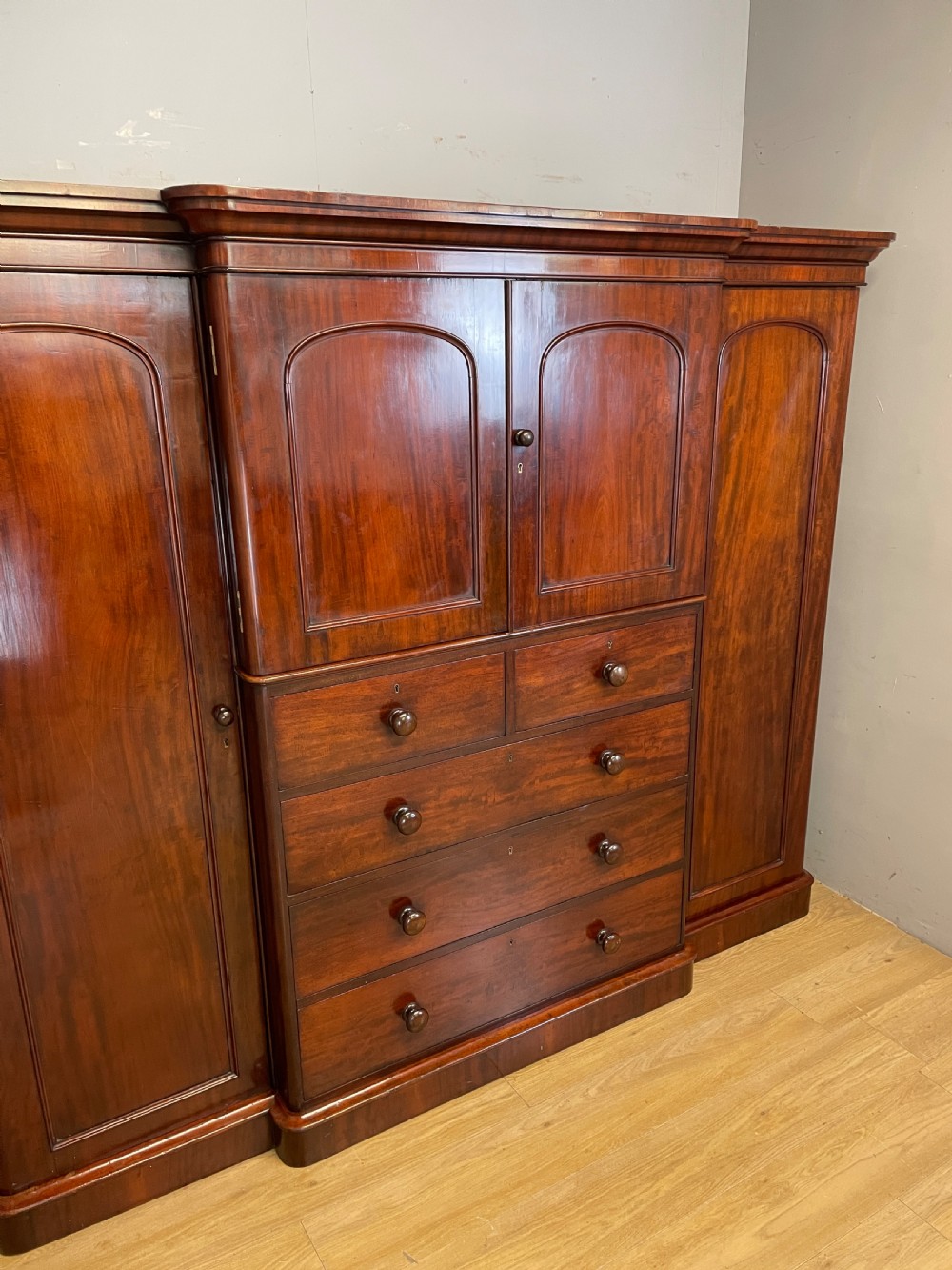 C19TH Country House flame mahogany breakfront wardrobe  View XIII