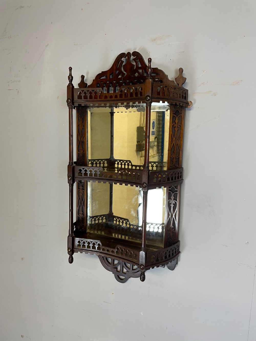 C19TH Chippendale style mahogany fretwork open shelves 