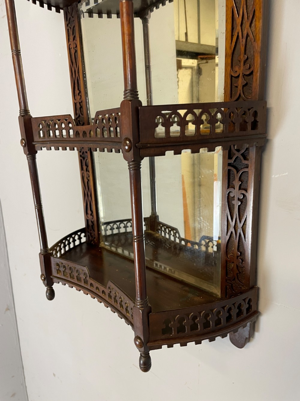 C19TH Chippendale style mahogany fretwork open shelves  View V