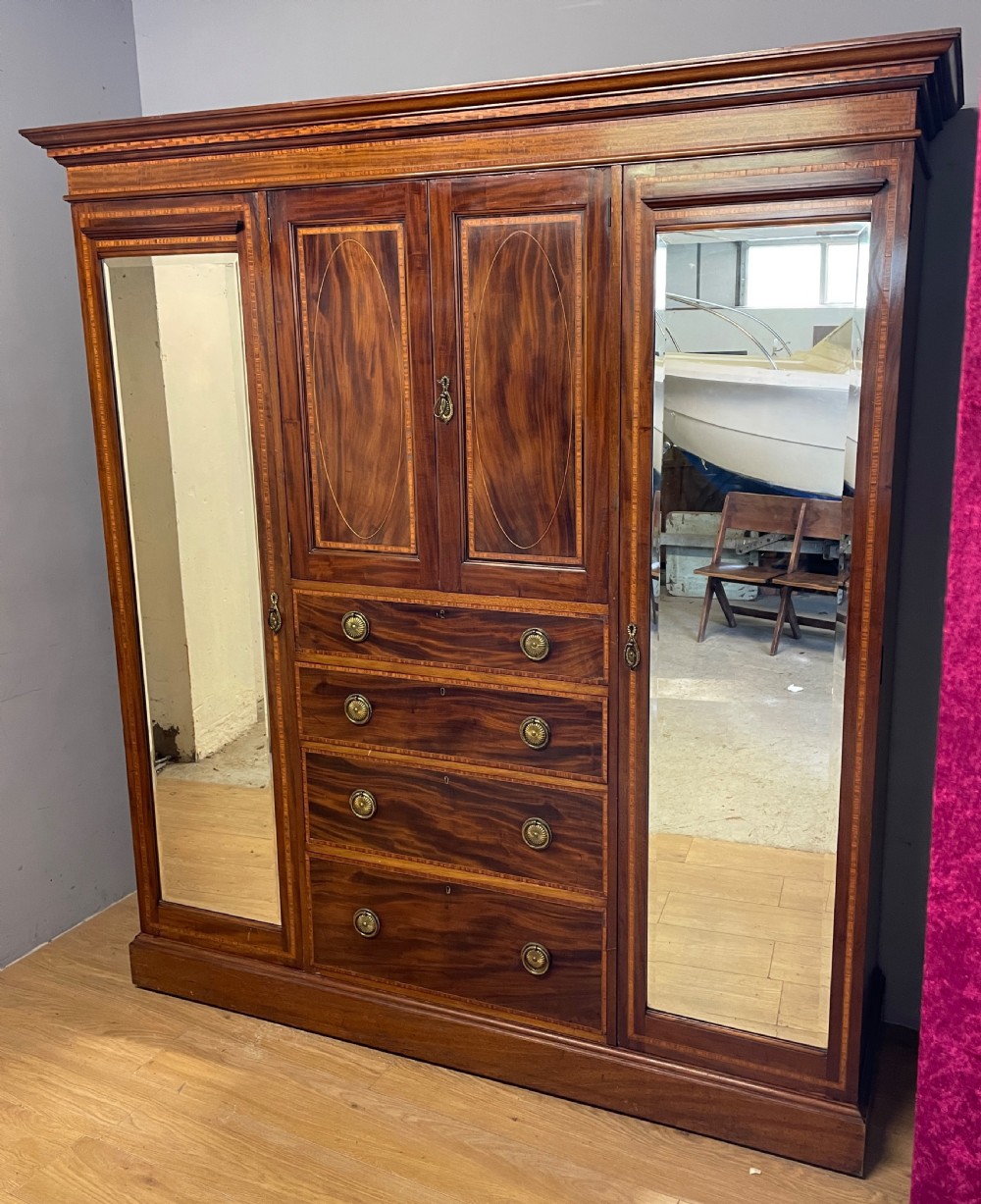 C19TH inlaid mahogany Sheraton revival country house compactum wardrobe  View III