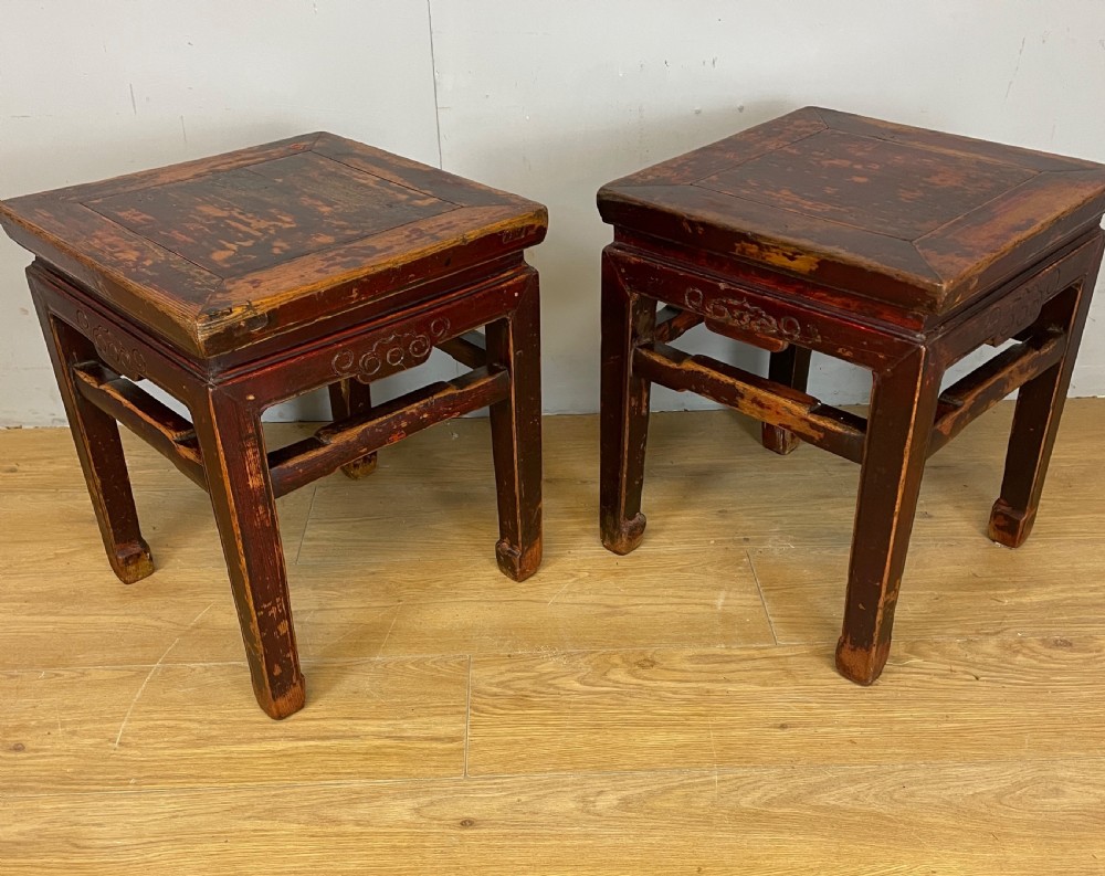 Late C19TH pair of red lacquer elm Chinese tables 