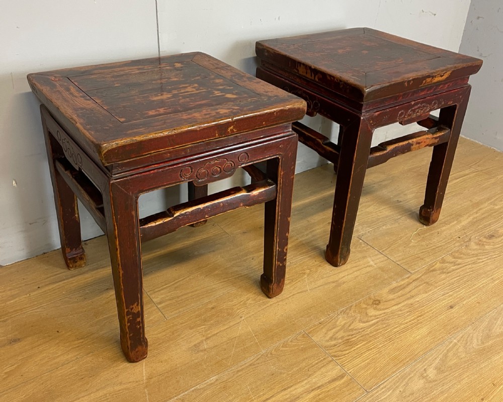 Late C19TH pair of red lacquer elm Chinese tables  View II