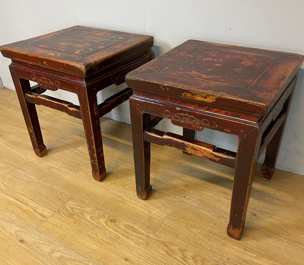 Late C19TH pair of red lacquer elm Chinese tables  View III
