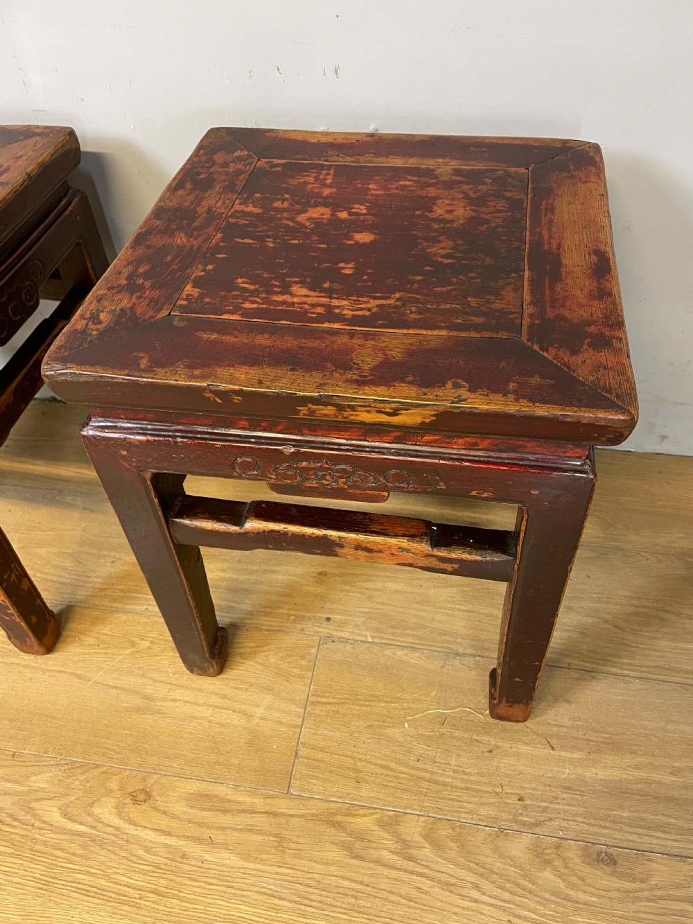 Late C19TH pair of red lacquer elm Chinese tables  View IV