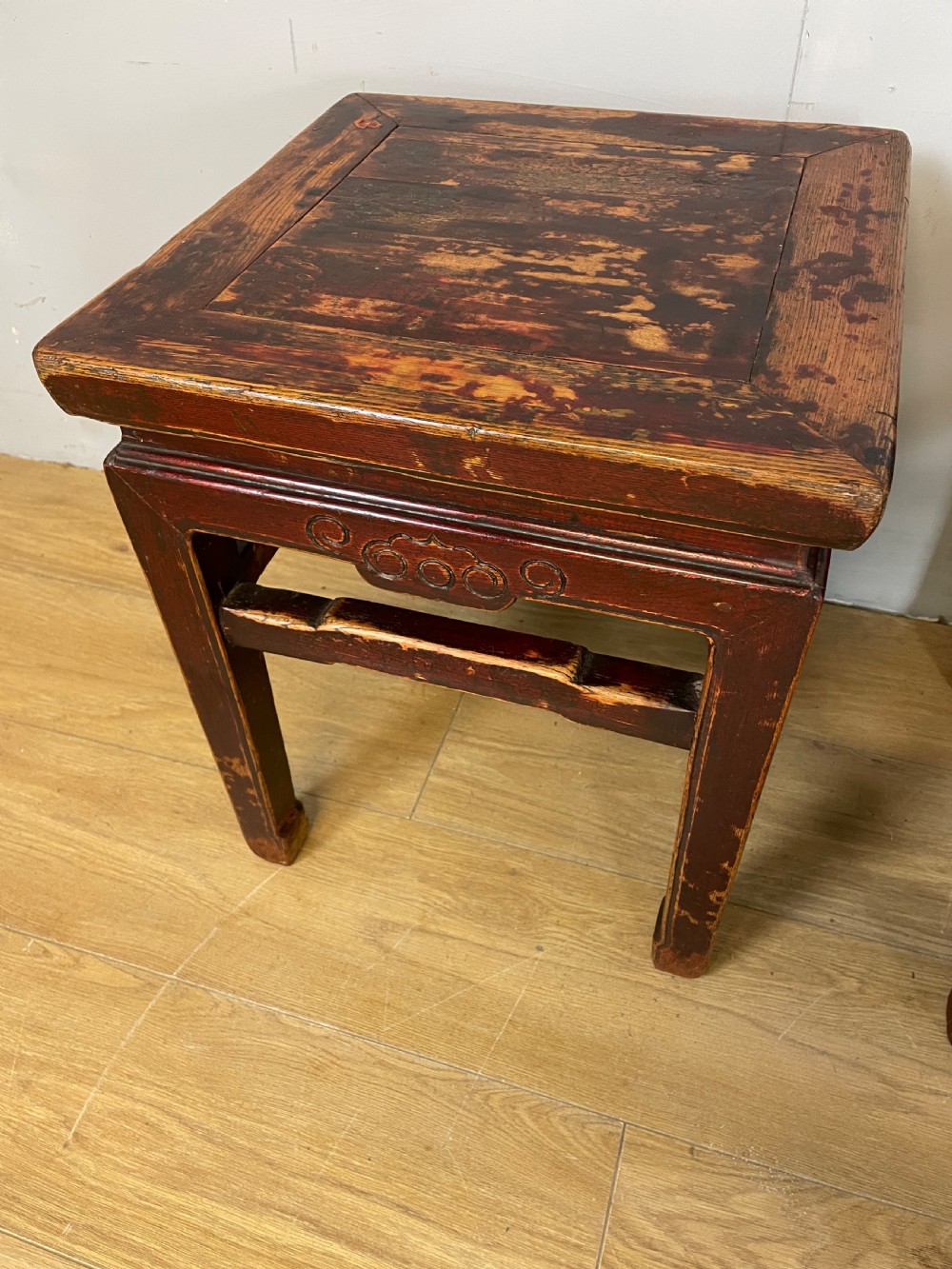 Late C19TH pair of red lacquer elm Chinese tables  View V