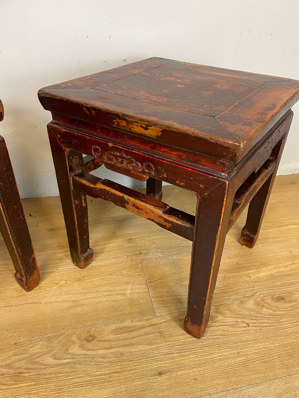 Late C19TH pair of red lacquer elm Chinese tables  View VI