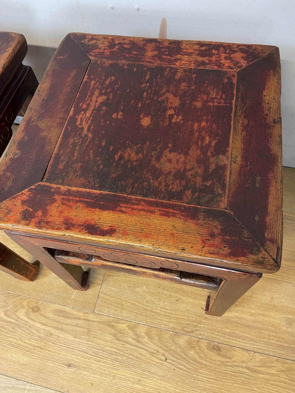 Late C19TH pair of red lacquer elm Chinese tables  View IX