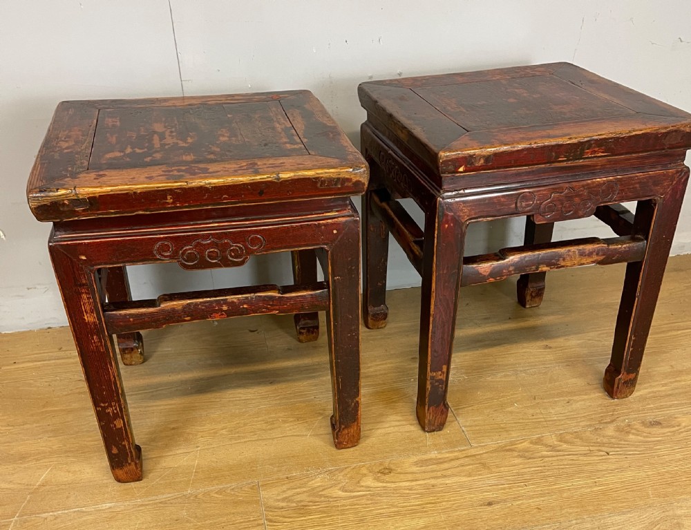Late C19TH pair of red lacquer elm Chinese tables  View X