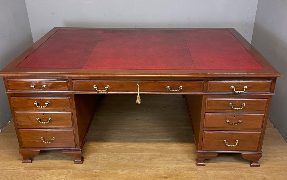 Large mahogany partners desk with inset leather leather top by Richardson of Leeds  View II