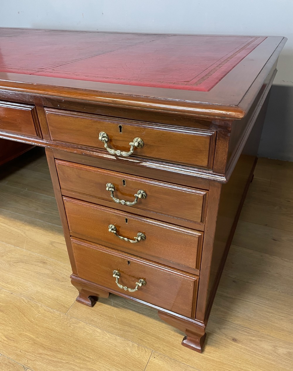 Large mahogany partners desk with inset leather leather top by Richardson of Leeds  View III