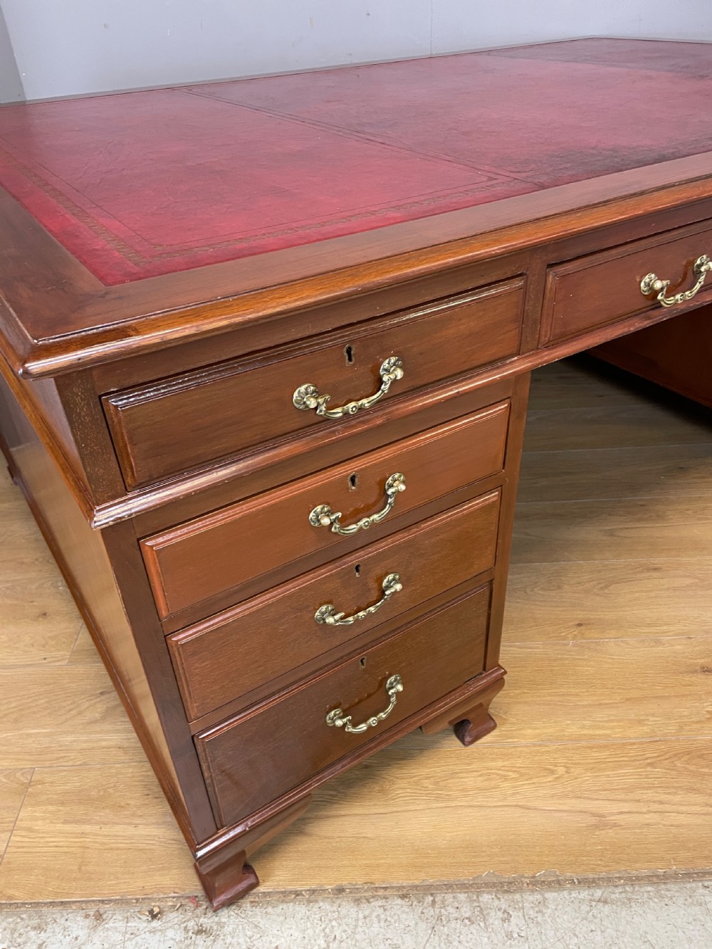Large mahogany partners desk with inset leather leather top by Richardson of Leeds  View XI
