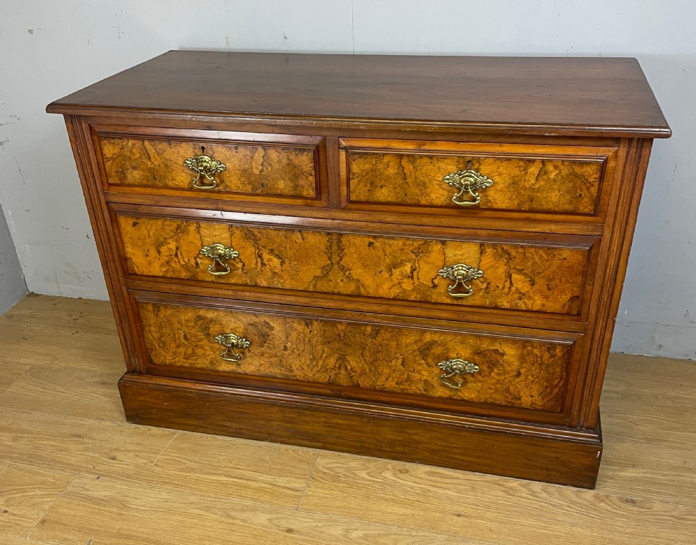Arts and Crafts burr walnut three height chest of drawers by Miller and Co Leeds