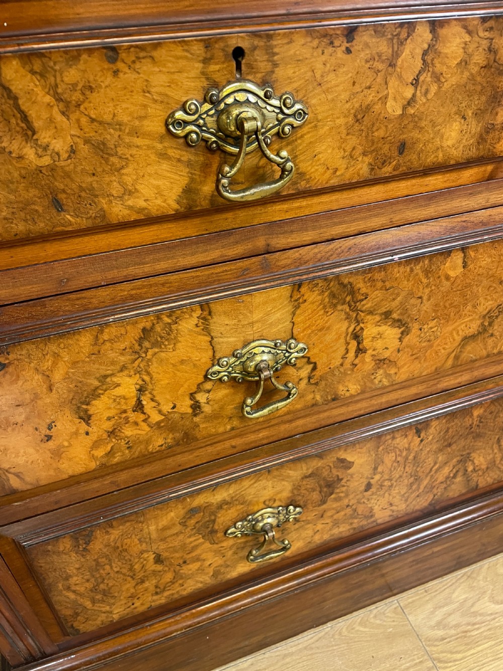 Arts and Crafts burr walnut three height chest of drawers by Miller and Co Leeds View III
